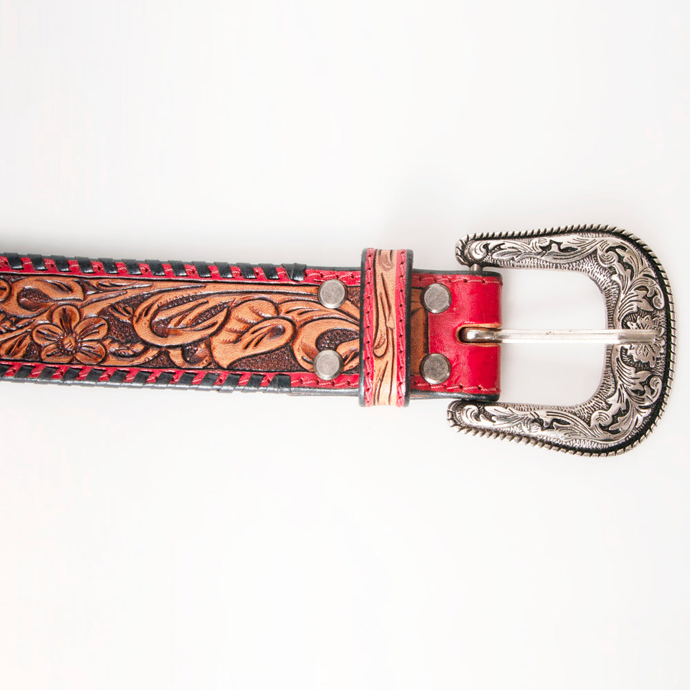 LC-ADBLF103 Hand-Tooled Western Leather Belt with Red Trim and Floral Engraving
