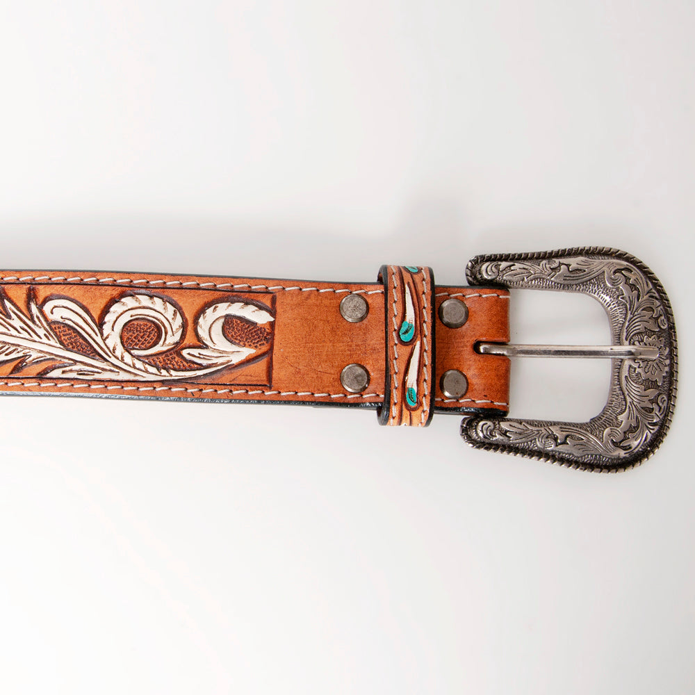 ADBLF107 Hand-Tooled Feather Western Leather Belt White & Turquoise with Engraved Buckle