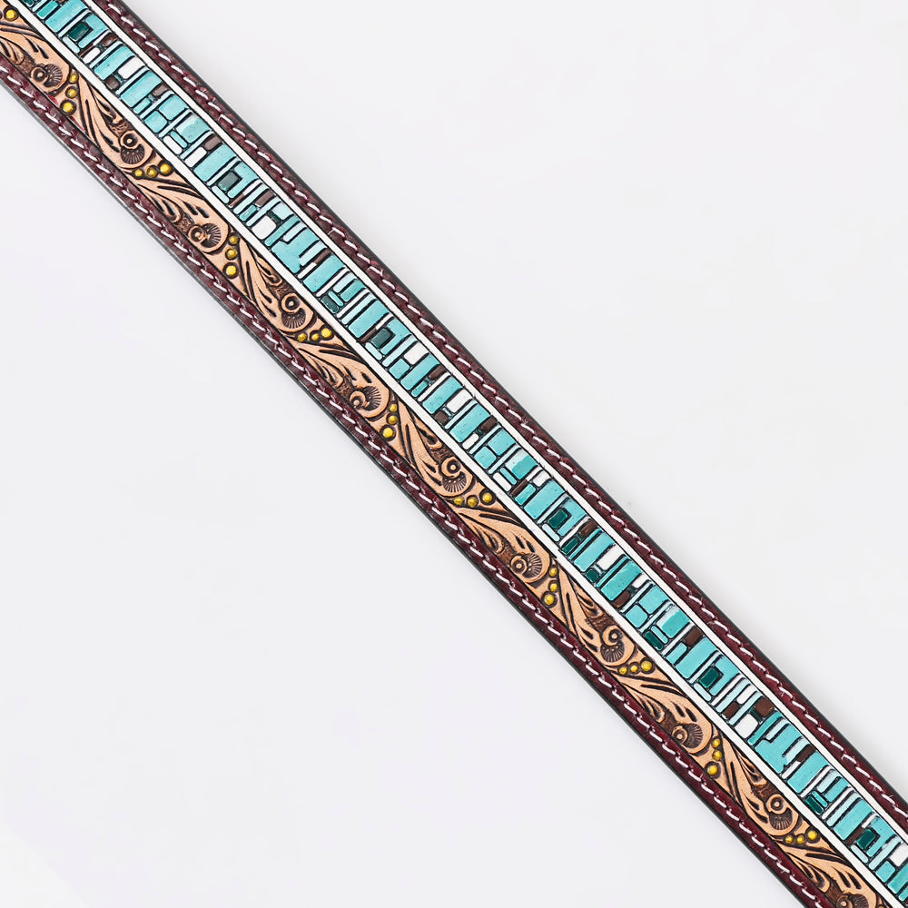 LC-ADBLF153 Hand-Tooled Leather Belt - Turquoise Mosaic & Scroll Carving Design