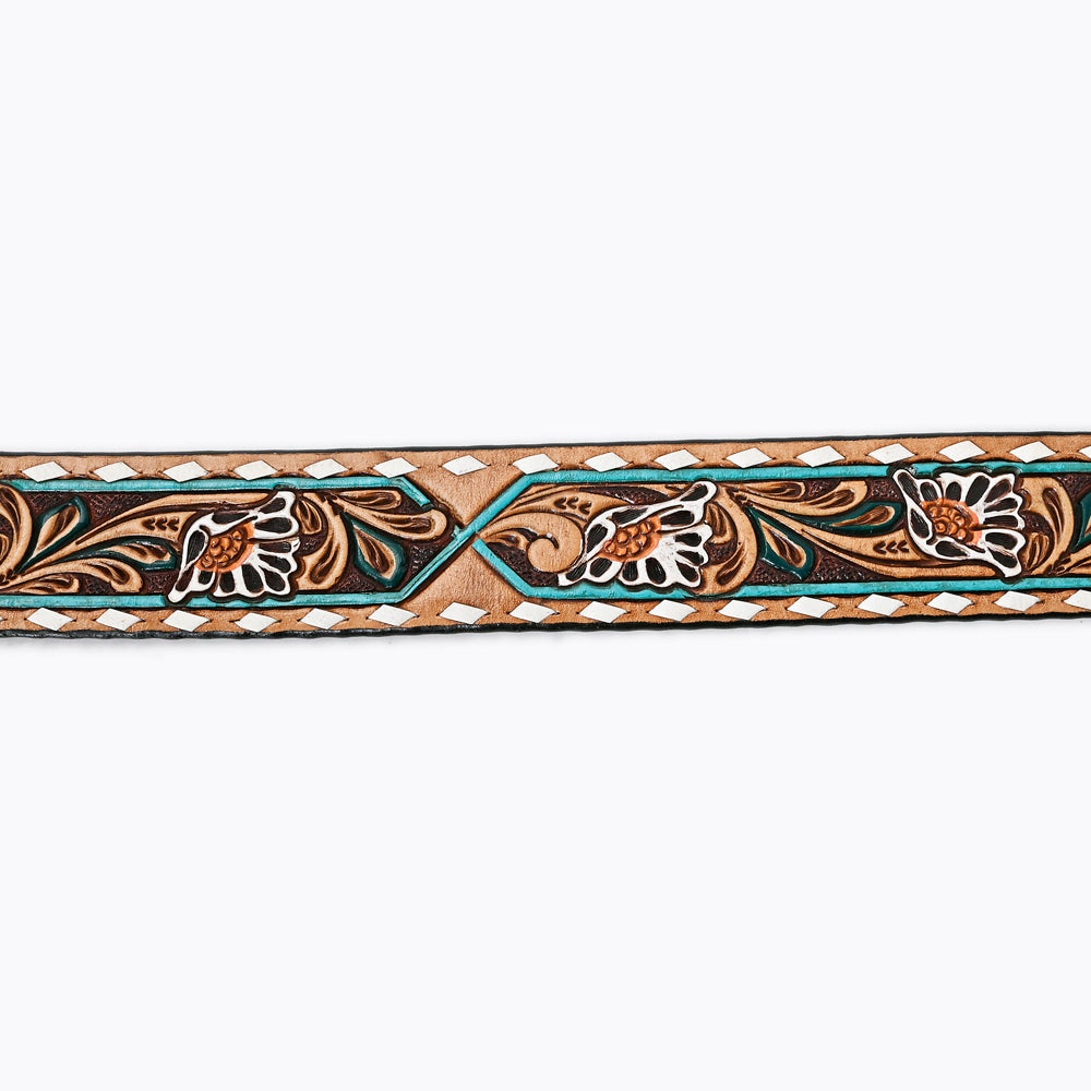 LC-ADBLF161 Tooled Leather Belt - White Daisy Floral with Teal Diamond Accents