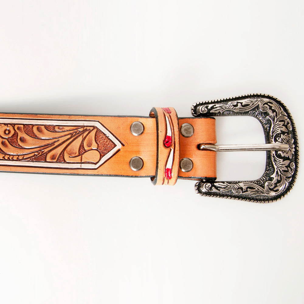 LC-ADBLF162 Tooled Leather Western Belt - Ace of Hearts & Green Leaf Design