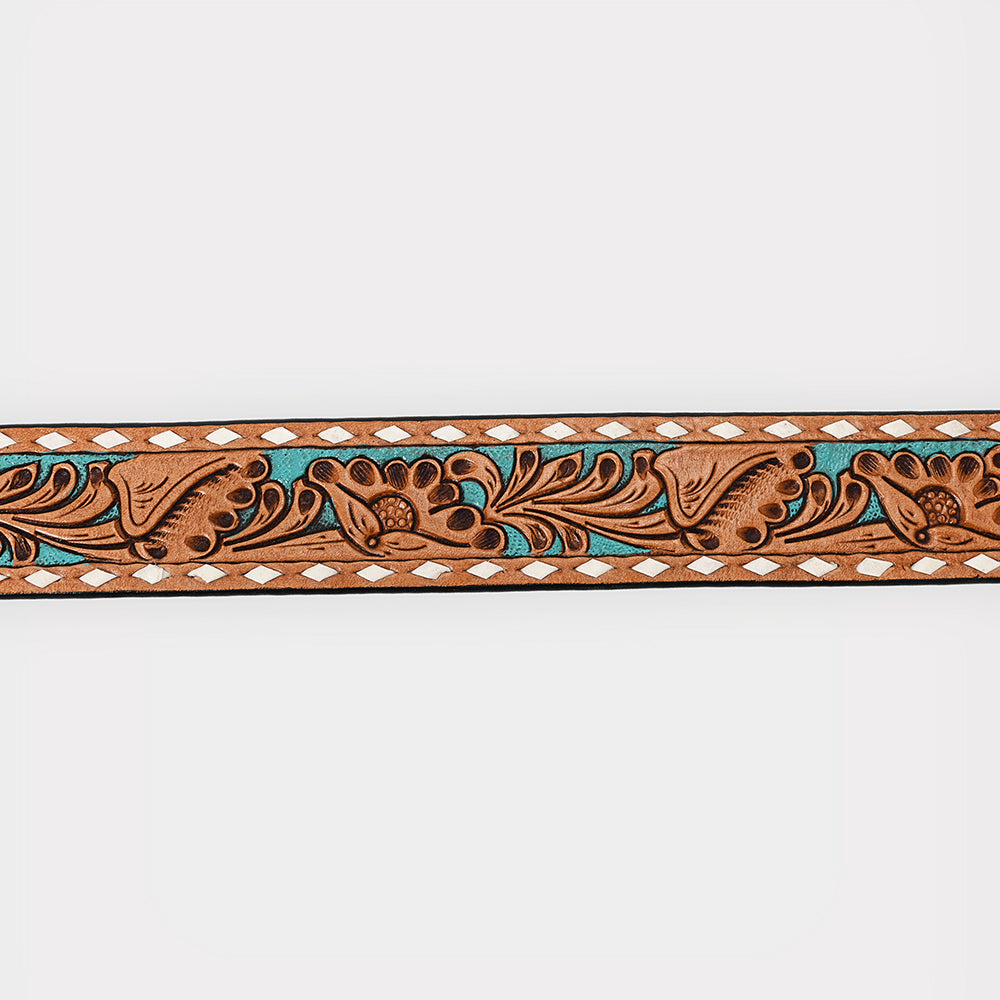 ADBLF174 Western Handtooled Leather Belt - Turquoise Floral Carving with Matching Buckle