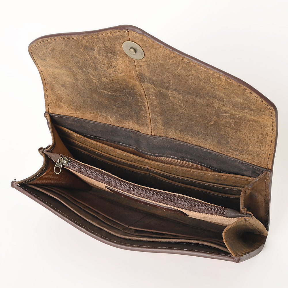 KBG140 WALLET Hand Tooled Saddle Leather and Upcycled Canvas Ladies Bag H4.5XW8 KBG140 K