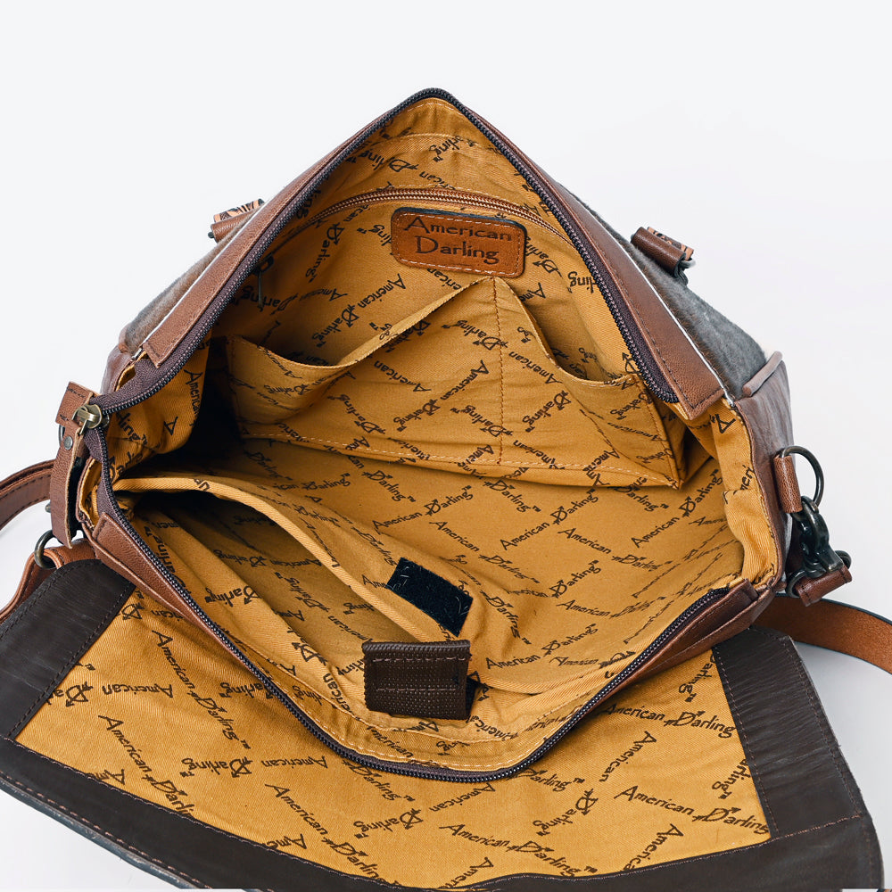 ADBG1206 American Darling Western Hair-On Cowhide Tote Bag with Hand-Tooled Leather & Floral Carved Strap