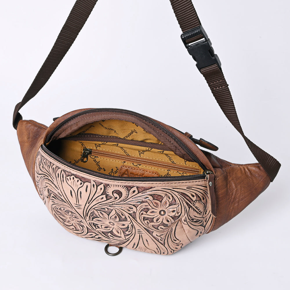 ADBG1211 American Darling Western Hand-Tooled Leather Fanny Pack - Floral Carved Genuine Leather Belt Bag