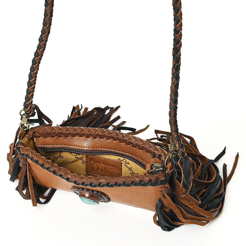 ADBGM277 Mini Fringe Crossbody - Braided Leather & Turquoise Concho