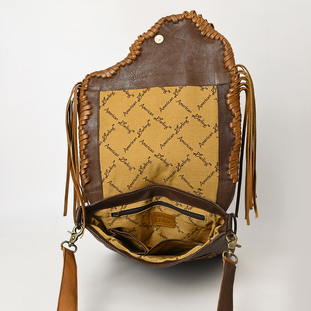 ADBGM351 Western Rodeo Leather Messenger Bag with Fringe & Tooled Motifs - Cowgirl Messenger Saddle Purse