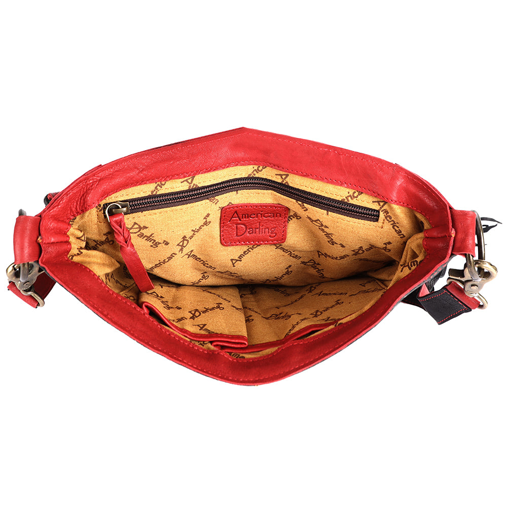 ADBGM352 Red Western Rodeo Leather Messenger Bag with Fringe & Applique- Cowgirl Statement Messenger