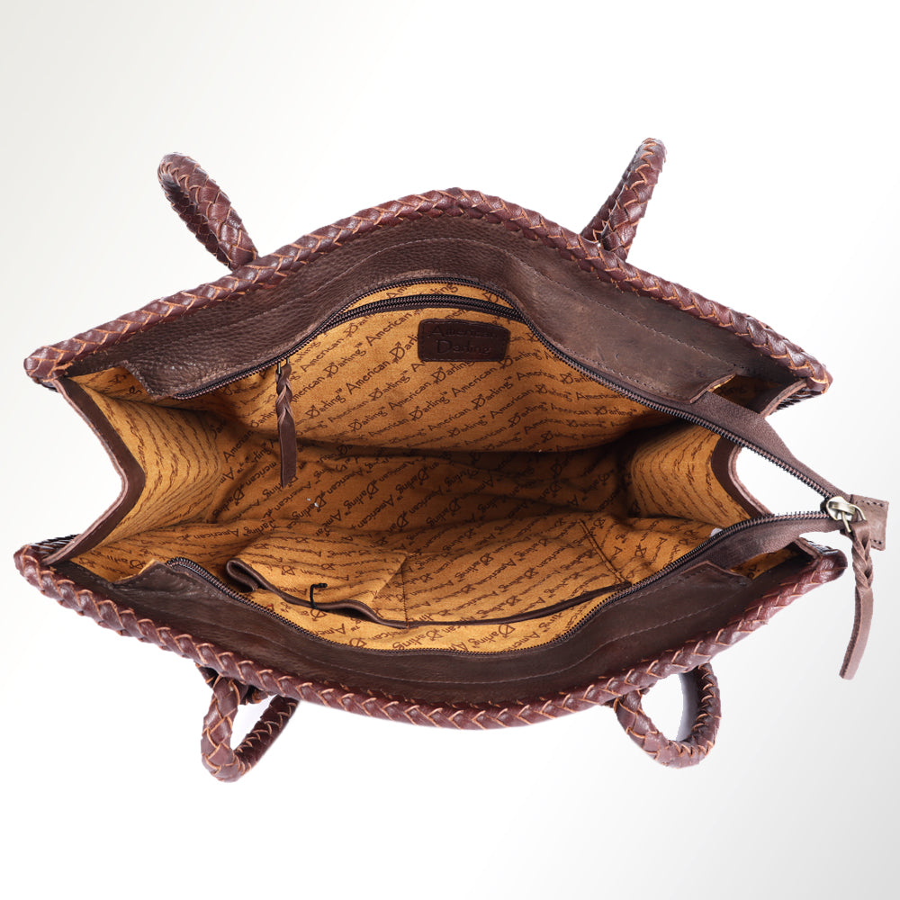 ADBGM348 Leather Tote Bag with Turquoise Concho & Fringe - Handmade Western Braided Strap Purse