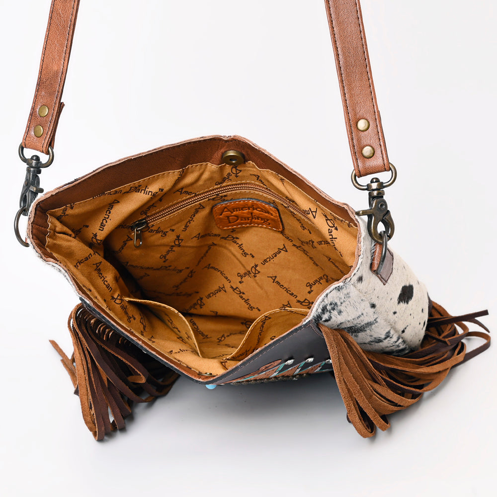 ADBG1219 American Darling Hand-Tooled Hair-On Cowhide Western Leather Fringe Crossbody Bag