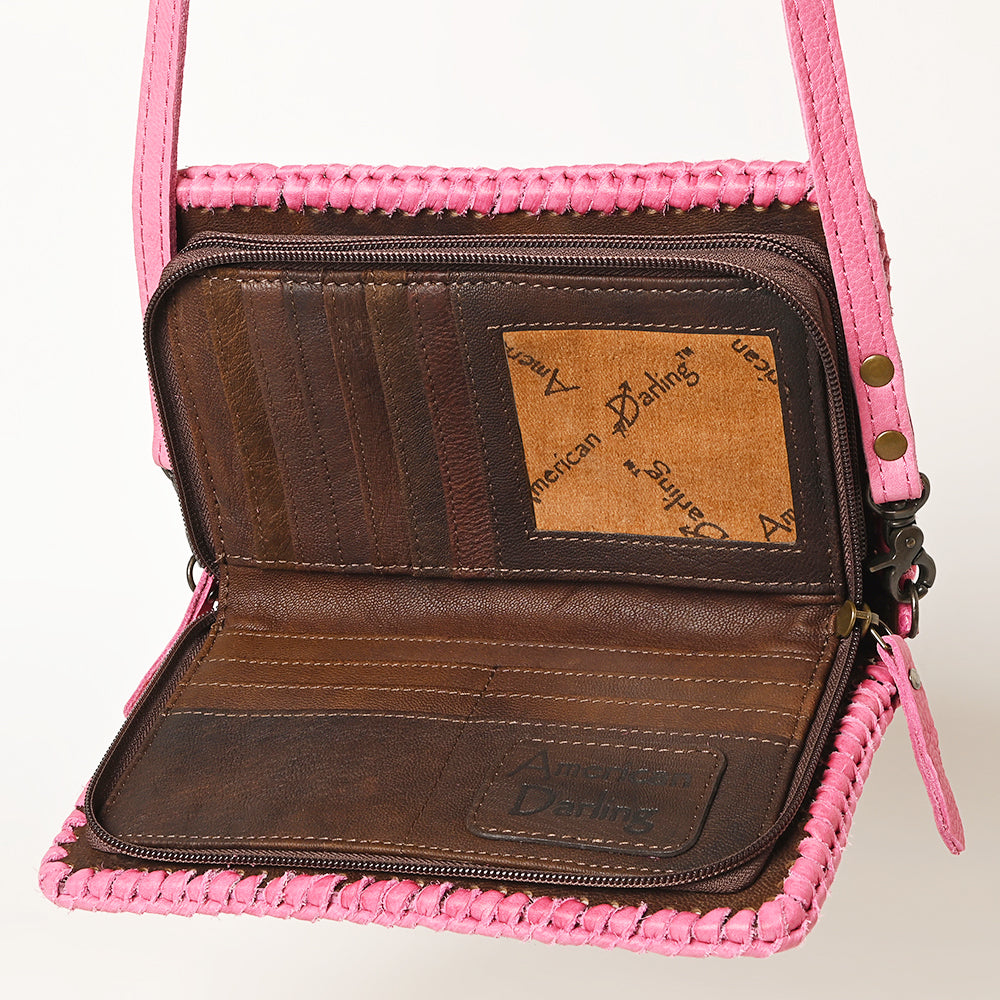 ADBG1228 American Darling Western Hand-Tooled Leather Clutch Bag - Pink Floral Carved Crossbody
