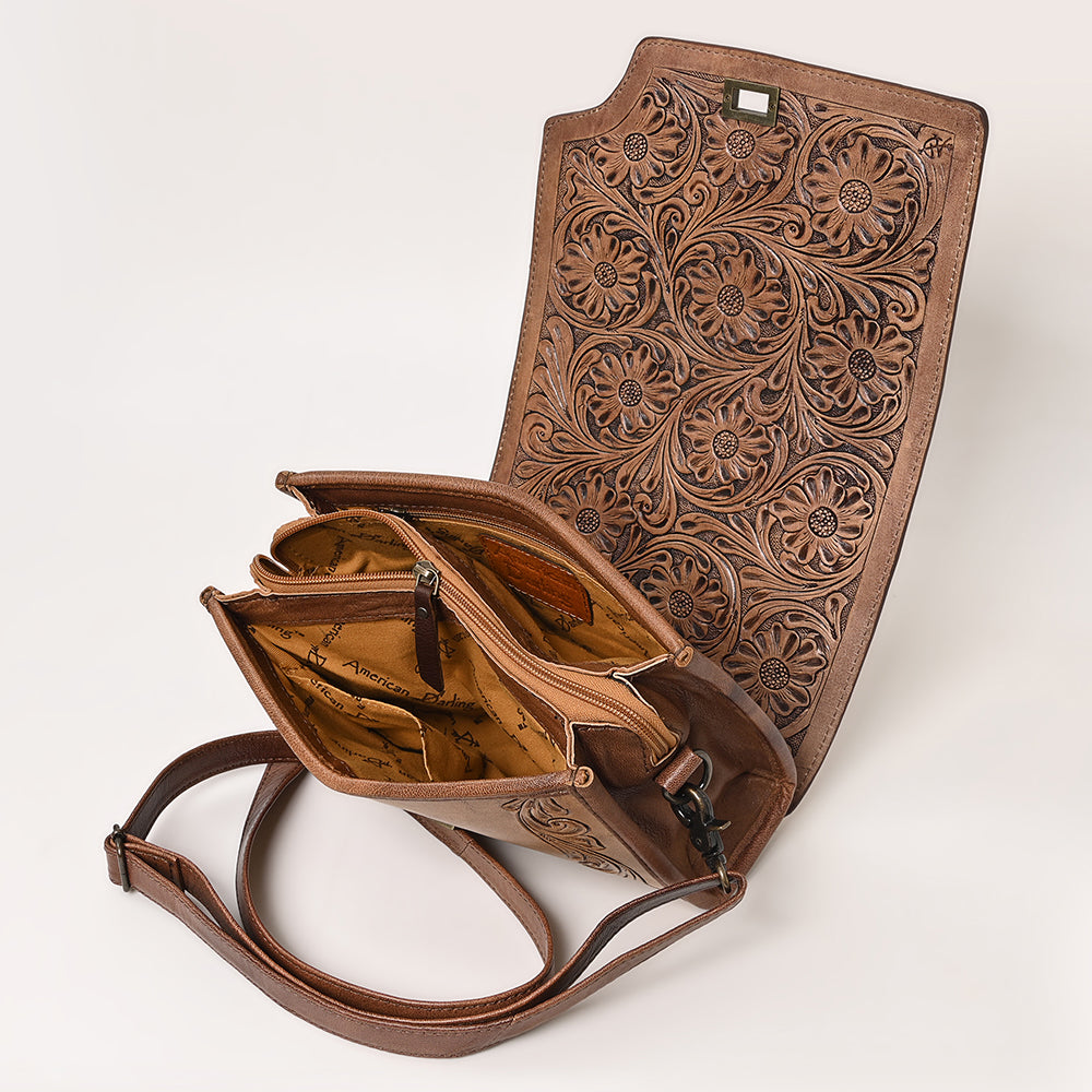 ADBG1229 American Darling Hand Tooled Western Leather Crossbody Bag - Floral Carved Genuine Leather Purse