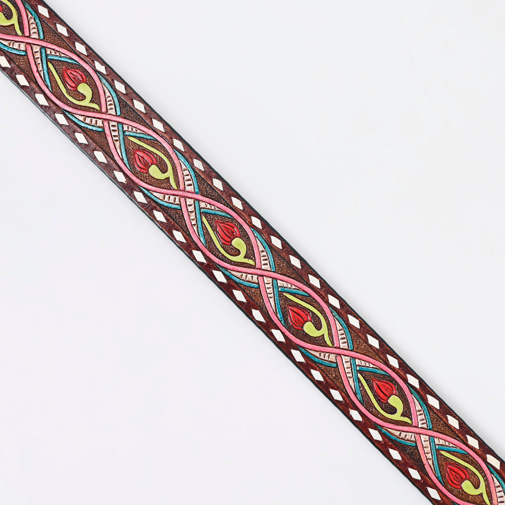 LC-ADBLF150 Hand-Tooled Leather Belt - Neon Abstract Floral Scroll with Pink & Teal Accents