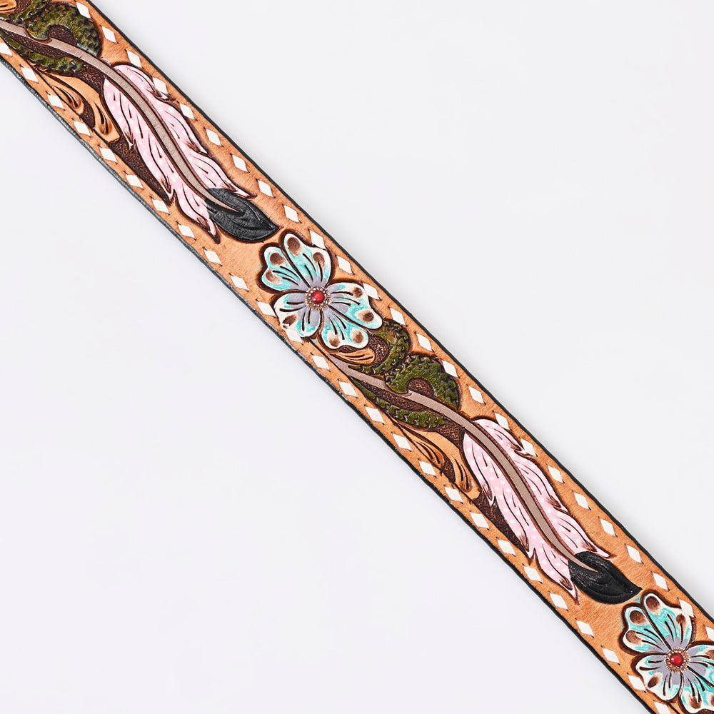 LC-ADBLF152 Hand-Tooled Leather Belt - Pink Feather & Turquoise Flower Western Design