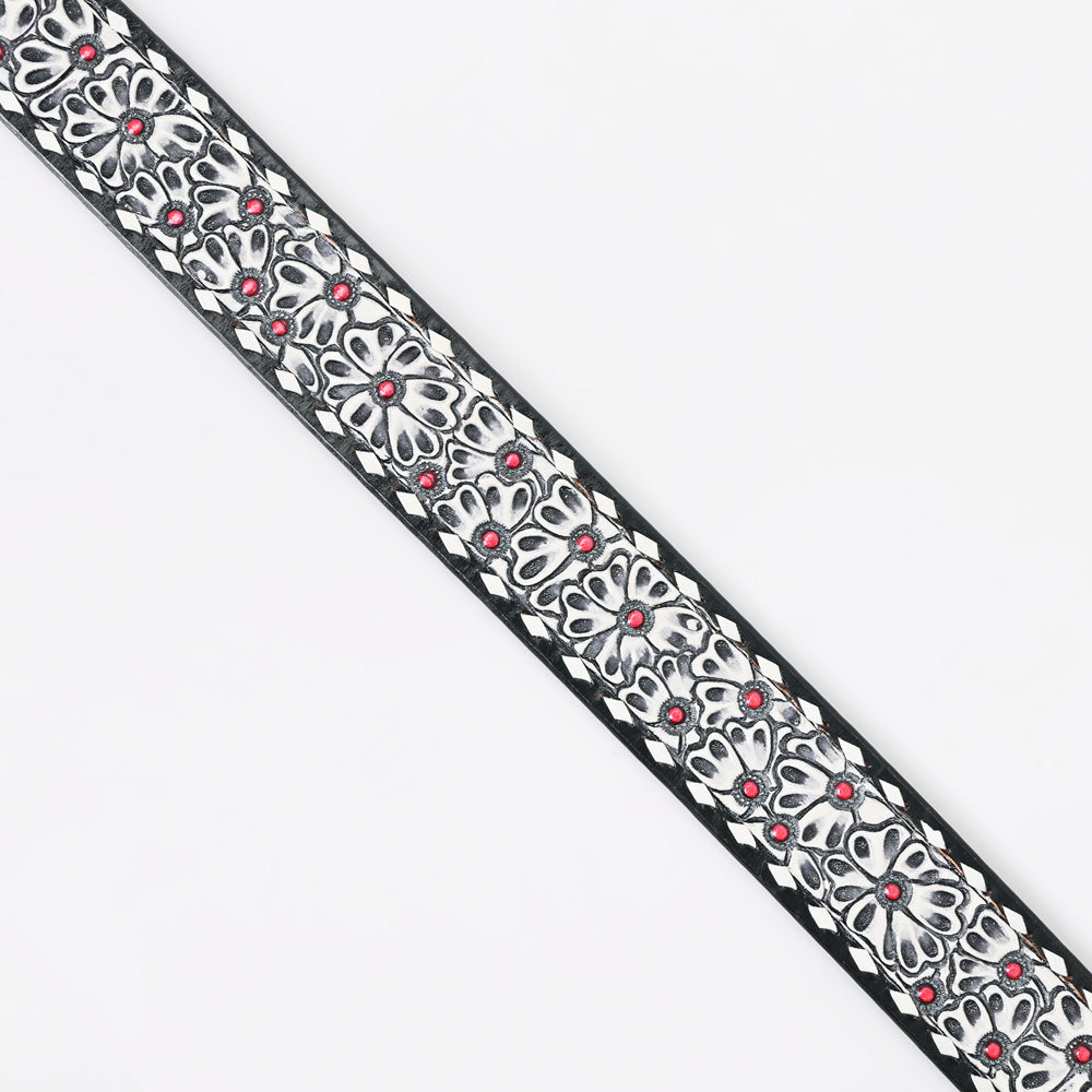 LC-ADBLF165 Black & White Tooled Leather Western Belt - Floral Pattern with Red Stud Accents