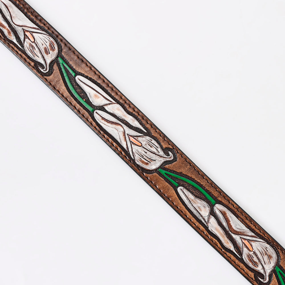 LC-ADBLF166 Handtooled Leather Belt - White Calla Lily Vine Design on Chocolate Brown