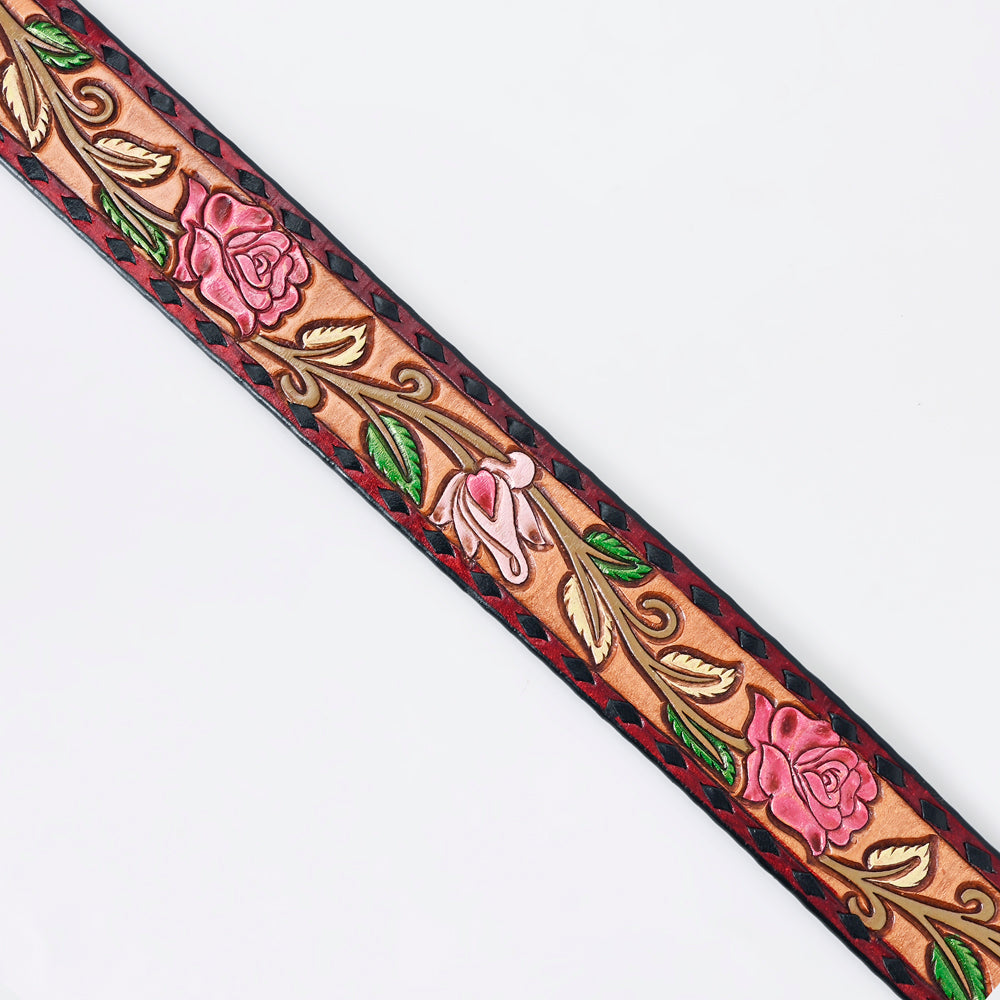 LC-ADBLF167 Handtooled Leather Belt - Pink Roses & Calla Lilies on Red-Bordered Natural Leather