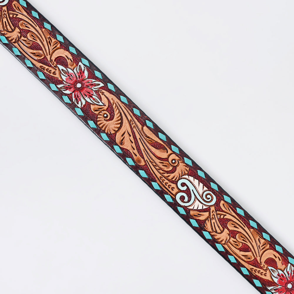 LC-ADBLF170 Handtooled Leather Western Belt - Red Floral & Turquoise Diamond Inlay