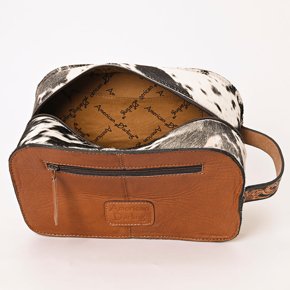 ADBG1255 American Darling Hand-Tooled Leather & Hair-On Cowhide Western Jewelry Bag - Genuine Leather Travel Case