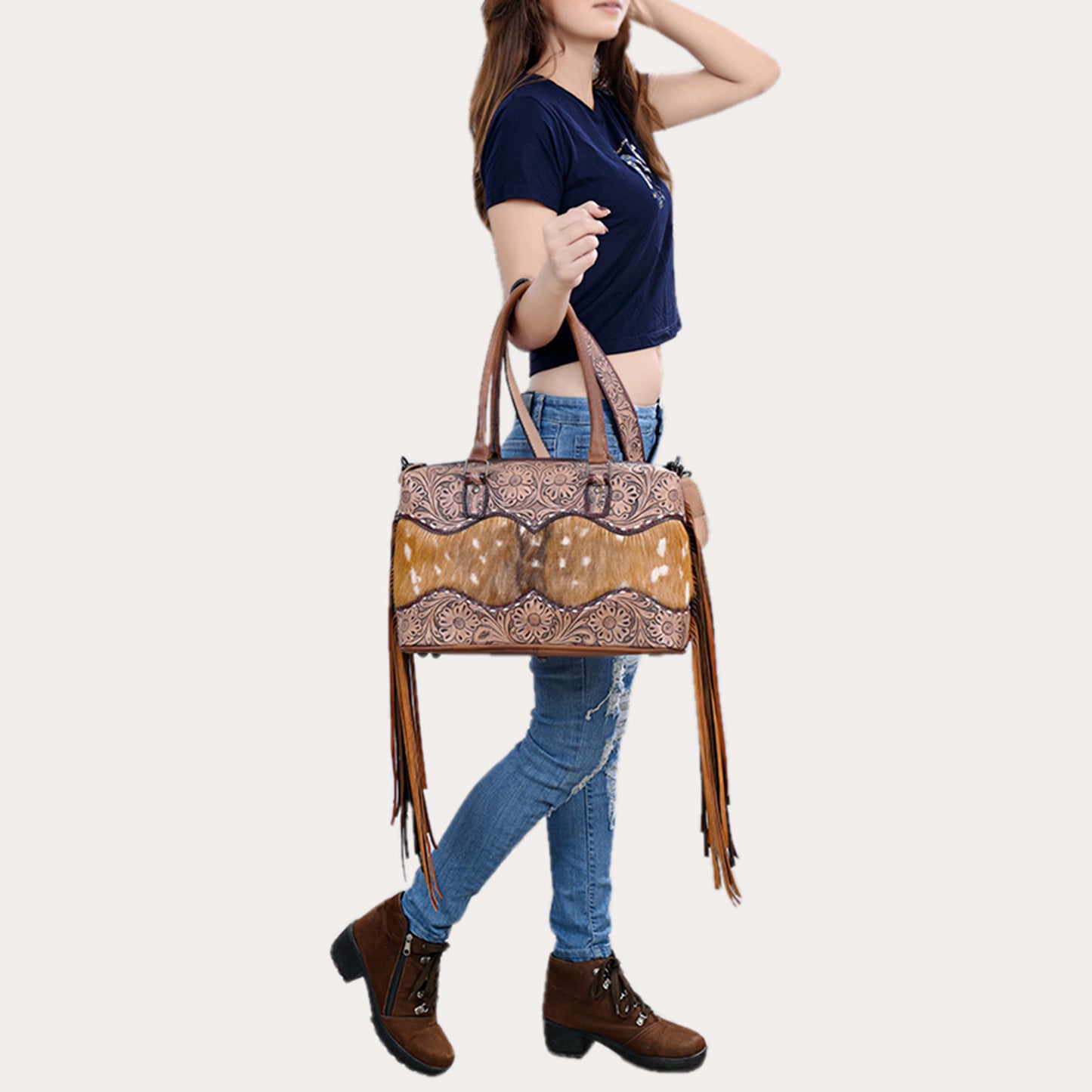 ADBG1258 American Darling Hand-Tooled Leather & Hair-On Cowhide Western Tote Bag with Fringe - Genuine Leather