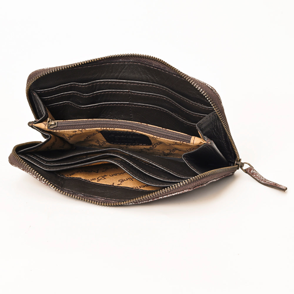 ADBGZ776 Western Metallic Distressed Leather Wallet - Silver-Foiled Zip Clutch