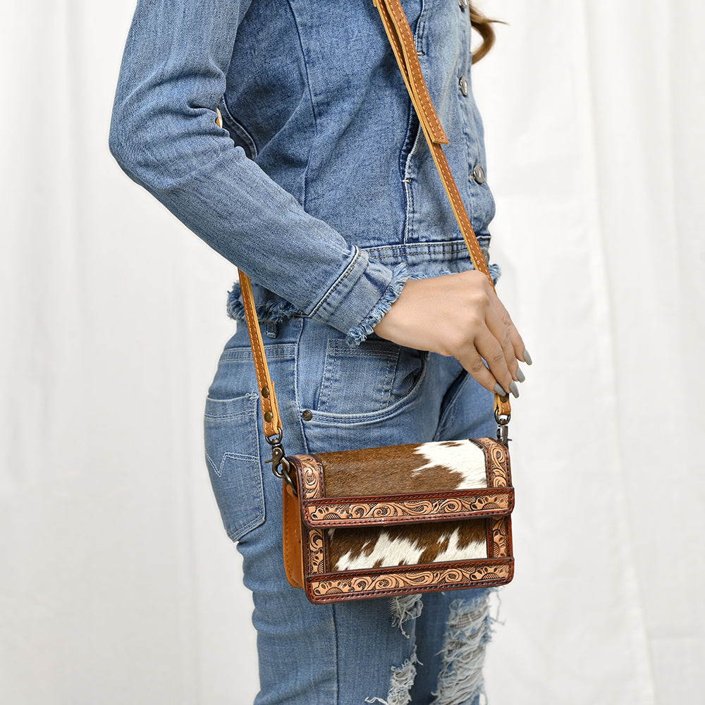ADBG1292 American Darling Handcrafted Western Leather Crossbody Bag with Hair-On Cowhide & Tooled Details