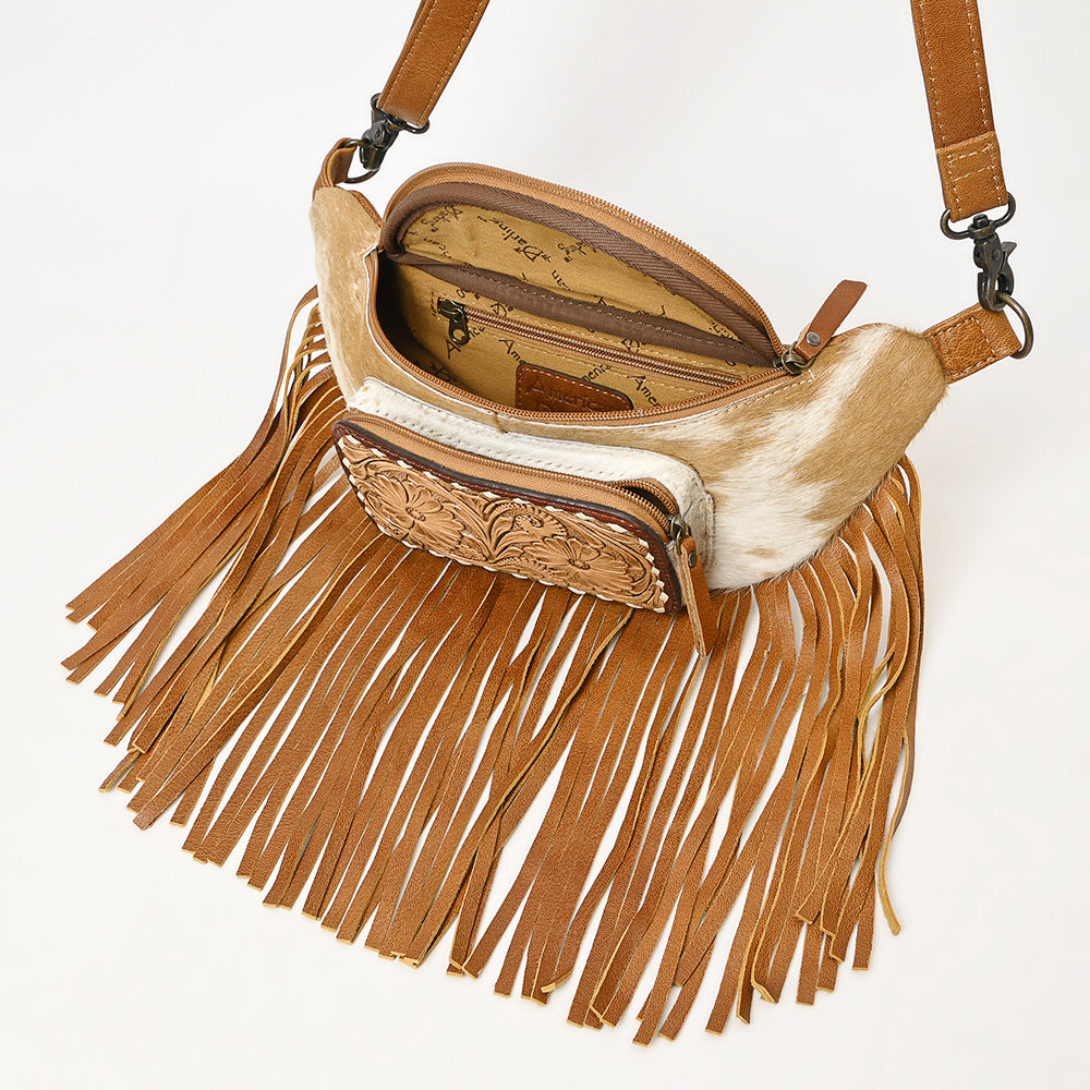 ADBG1297 American Darling Western Leather Fanny Pack with Hair-On Cowhide and Fringe | Hand-Tooled Waist Bag
