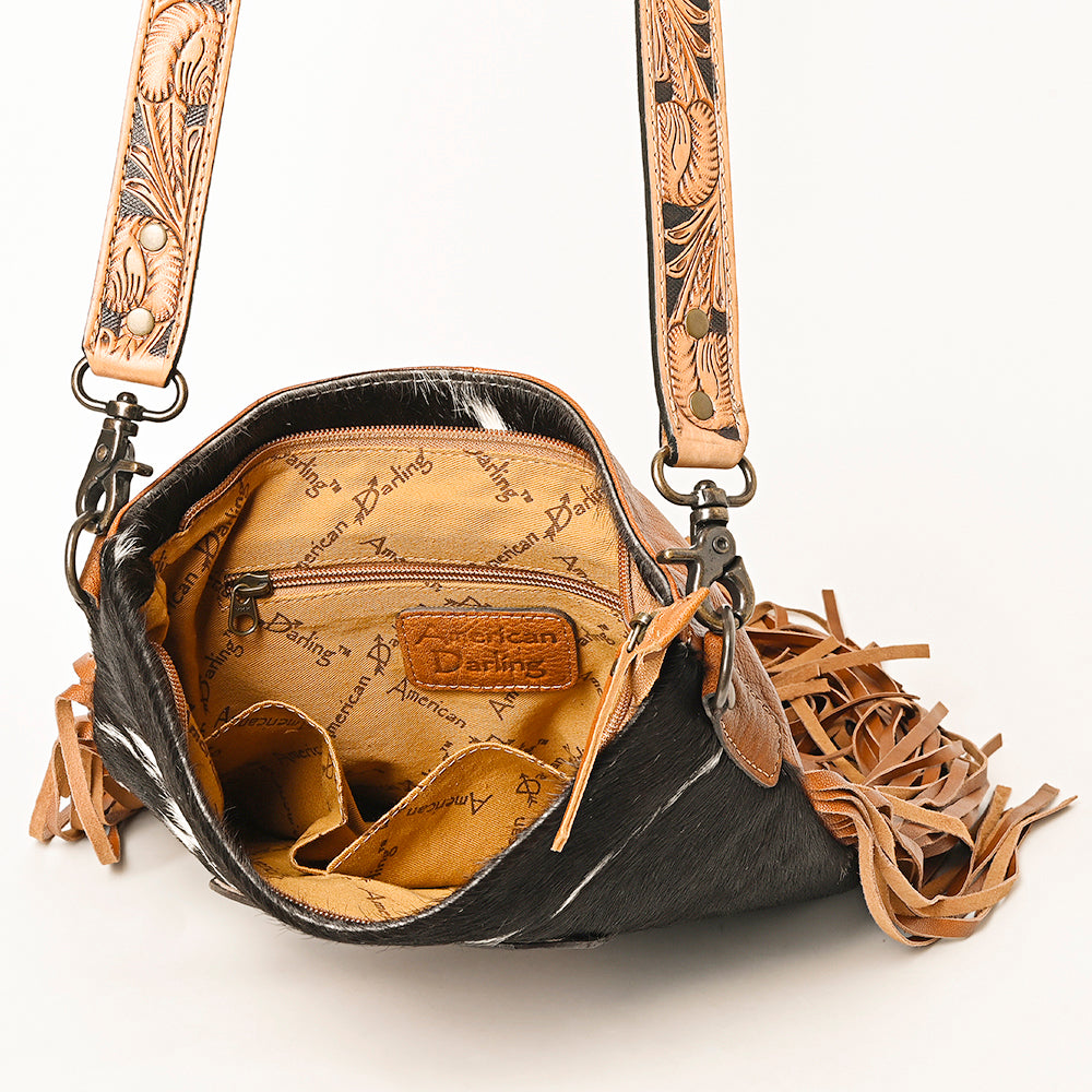 ADBG1299 American Darling Western Leather Hair-On Cowhide Large Crossbody Bag with Hand-Tooled Fringe Detail