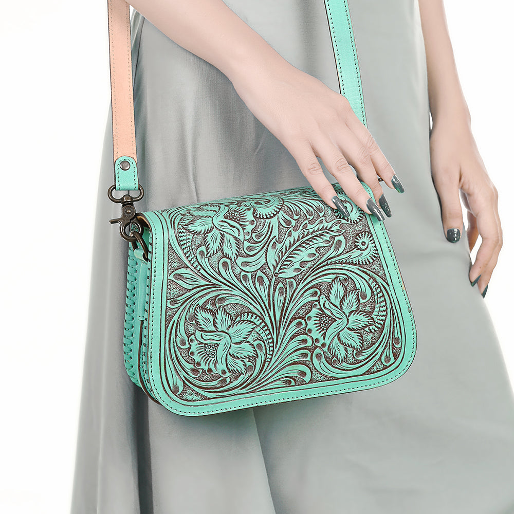 ADBGZ781 Turquoise Tooled Leather Crossbody Bag - Floral Handcrafted Western Purse