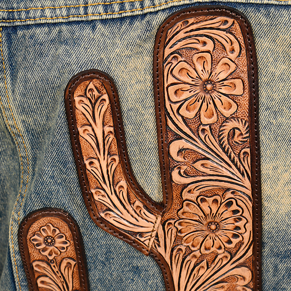 LC-ADJKT021 Cactus Tooled Leather Denim Jacket - Western Vintage Style