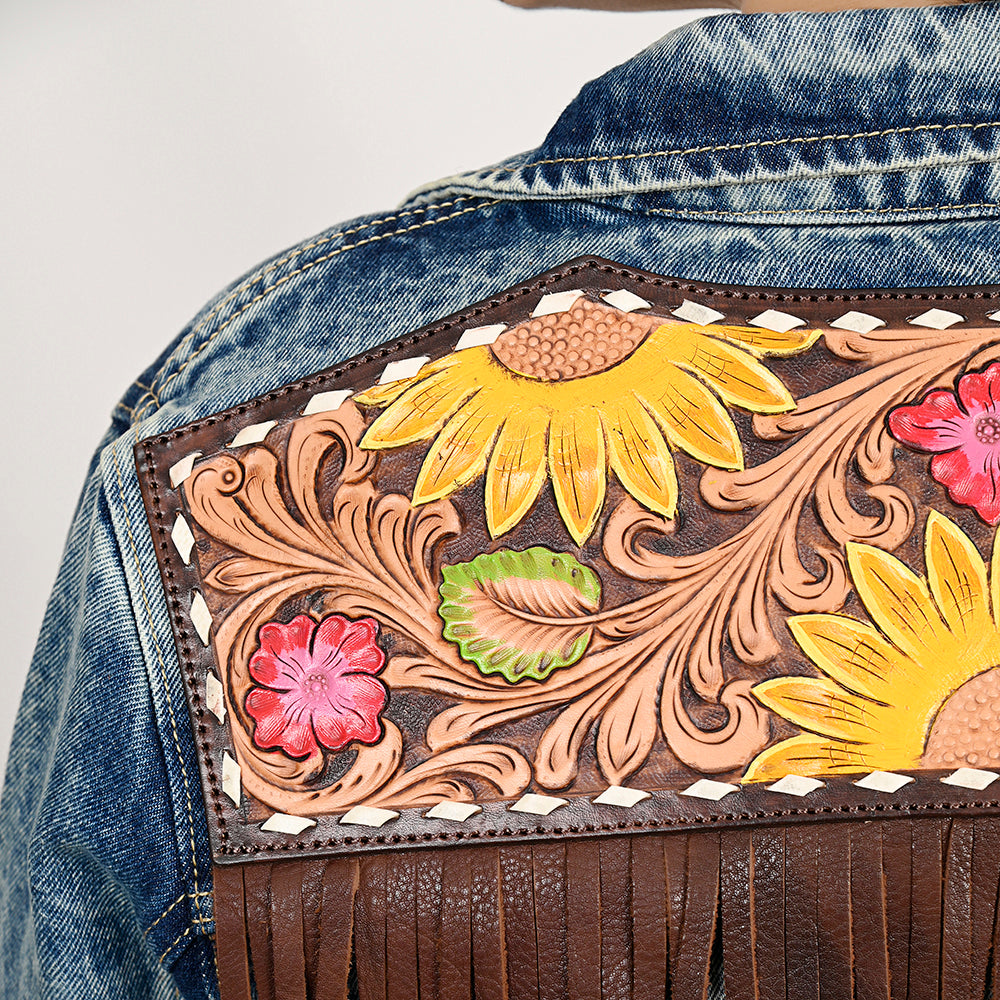 LC-ADJKT024 Tooled Leather Sunflower Fringe Denim Jacket - Western Chic