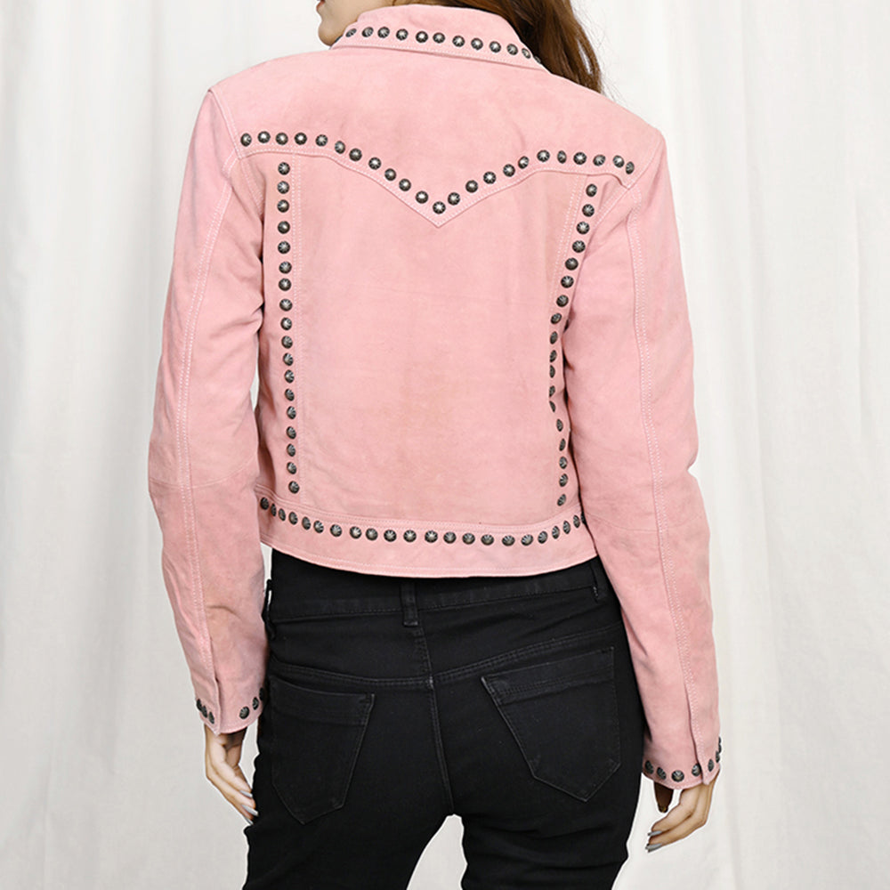 ADJKT042 Women's Cropped Pink Genuine suede Western Jacket with Studded Accents