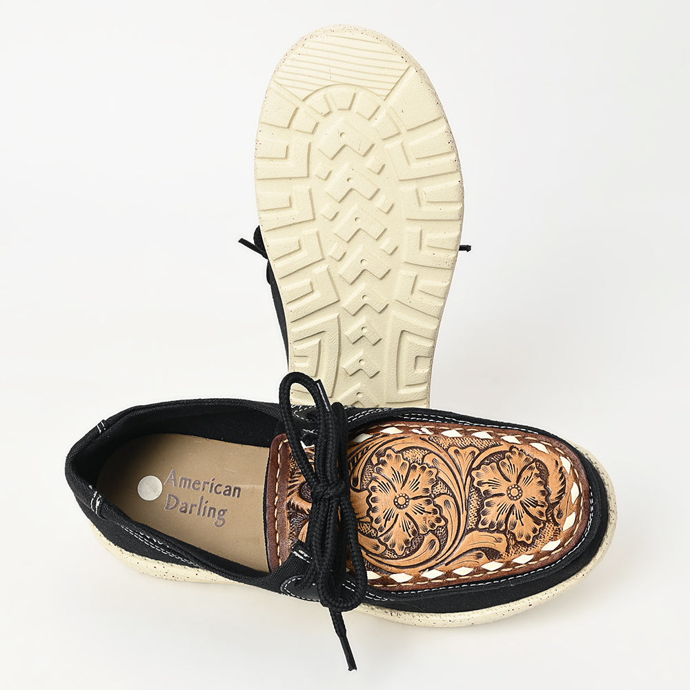 LC-ADFT170 Black Canvas Casuals with Hand-Tooled Leather Top - American Darling Lace-Up Loafers