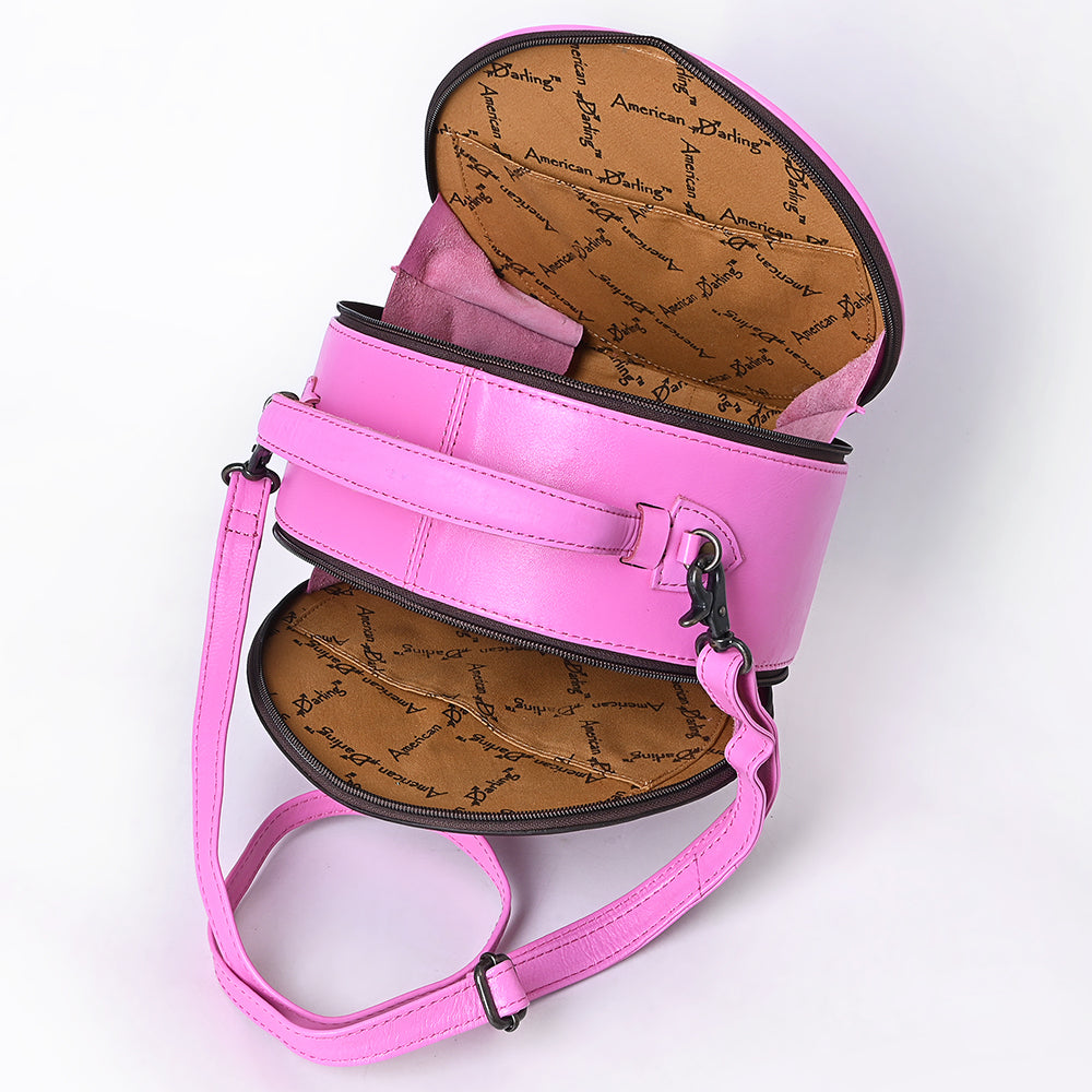ADBG1300 American Darling Pink Western Leather Canteen Bag - Genuine Leather Hand-Tooled Round Crossbody by American Darling