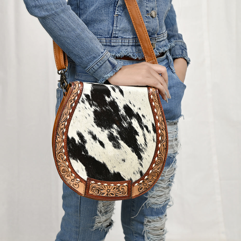 ADBG1315 American Darling Hair-On Cowhide Western Leather Crossbody Bag with Hand-Tooled Accents