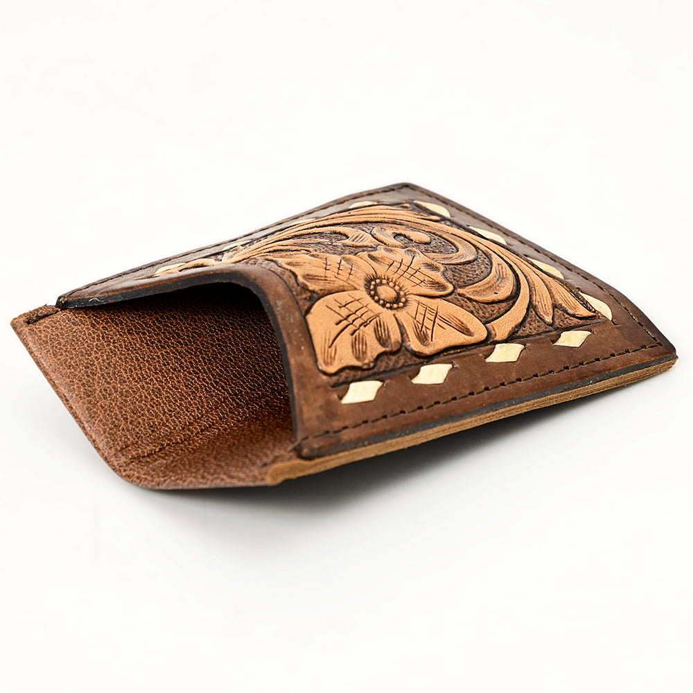 ADCCG102 Brown Hand-Tooled Leather Card Wallet - Vertical Floral Design with Diamond Accents