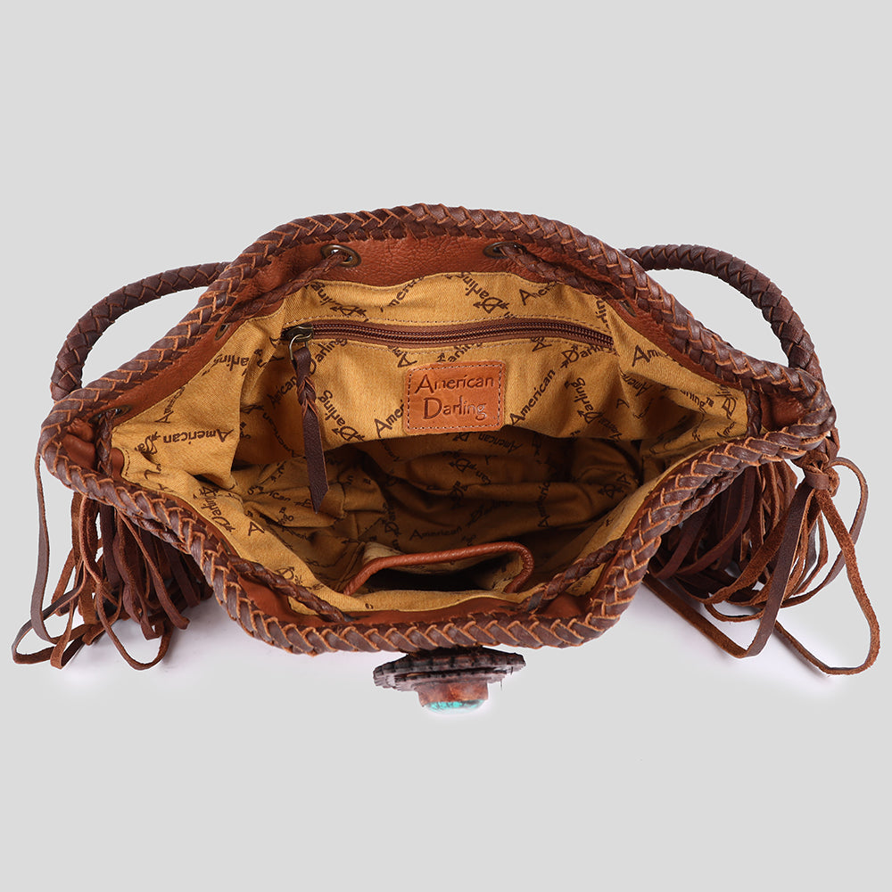 ADBGM273 Western Leather Bucket Bag - Fringe Sides, Braided Strap & Turquoise Concho