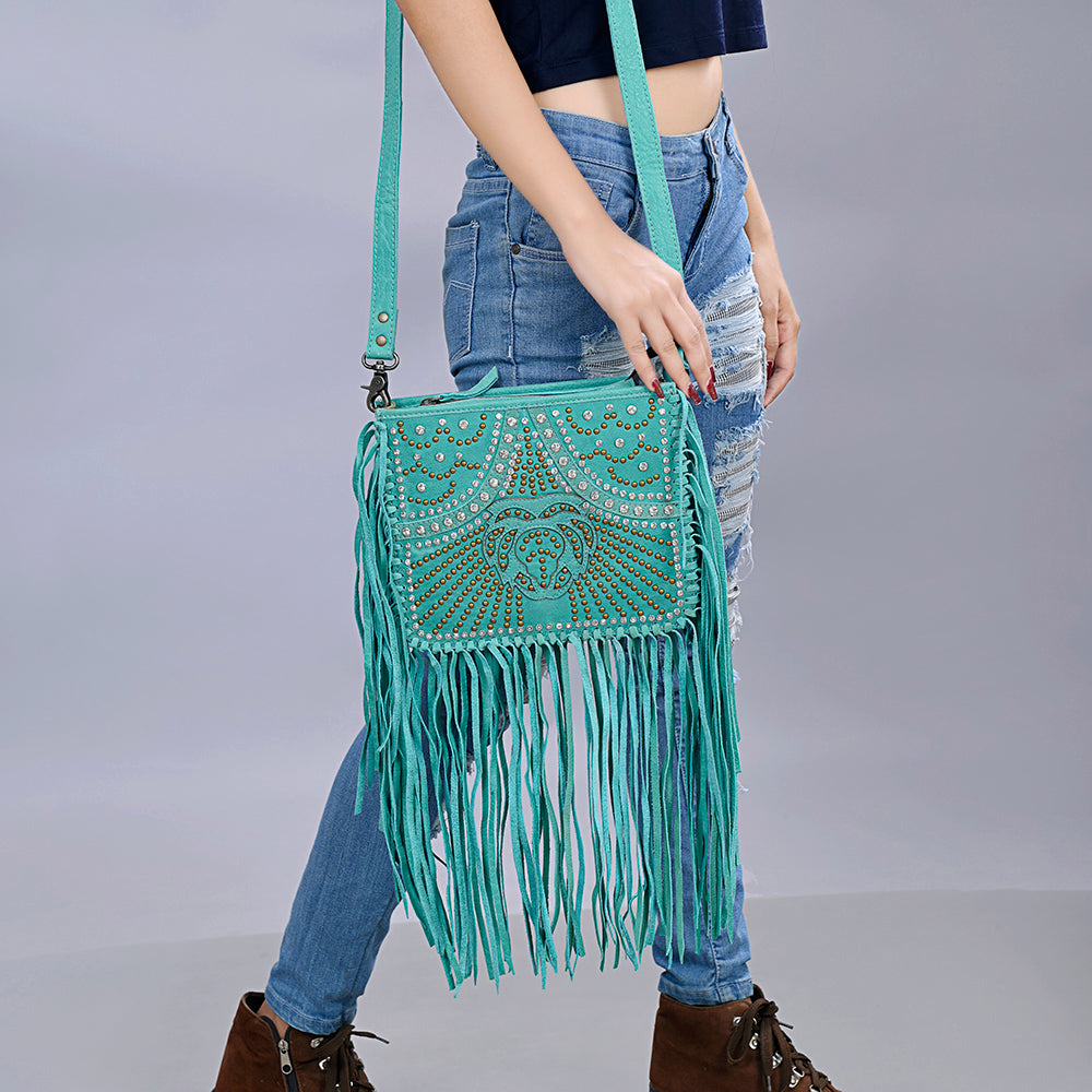 ADBG1322 American Darling Genuine Leather Western Fringe Crossbody Bag with Studded Details