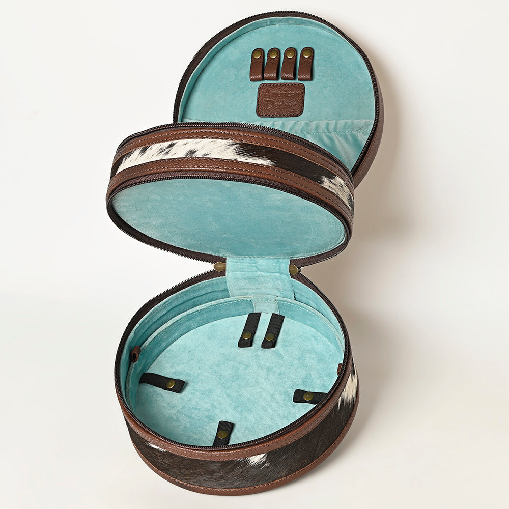 ADBGA491 American Darling Round Jewelry Case Hand-Tooled Leather & Cowhide Western Organizer