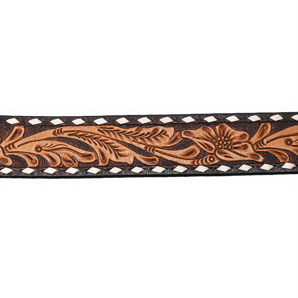 ADBLF238 Two-Tone Tooled Leather Belt with Whipstitch Edge and Matching Buckle