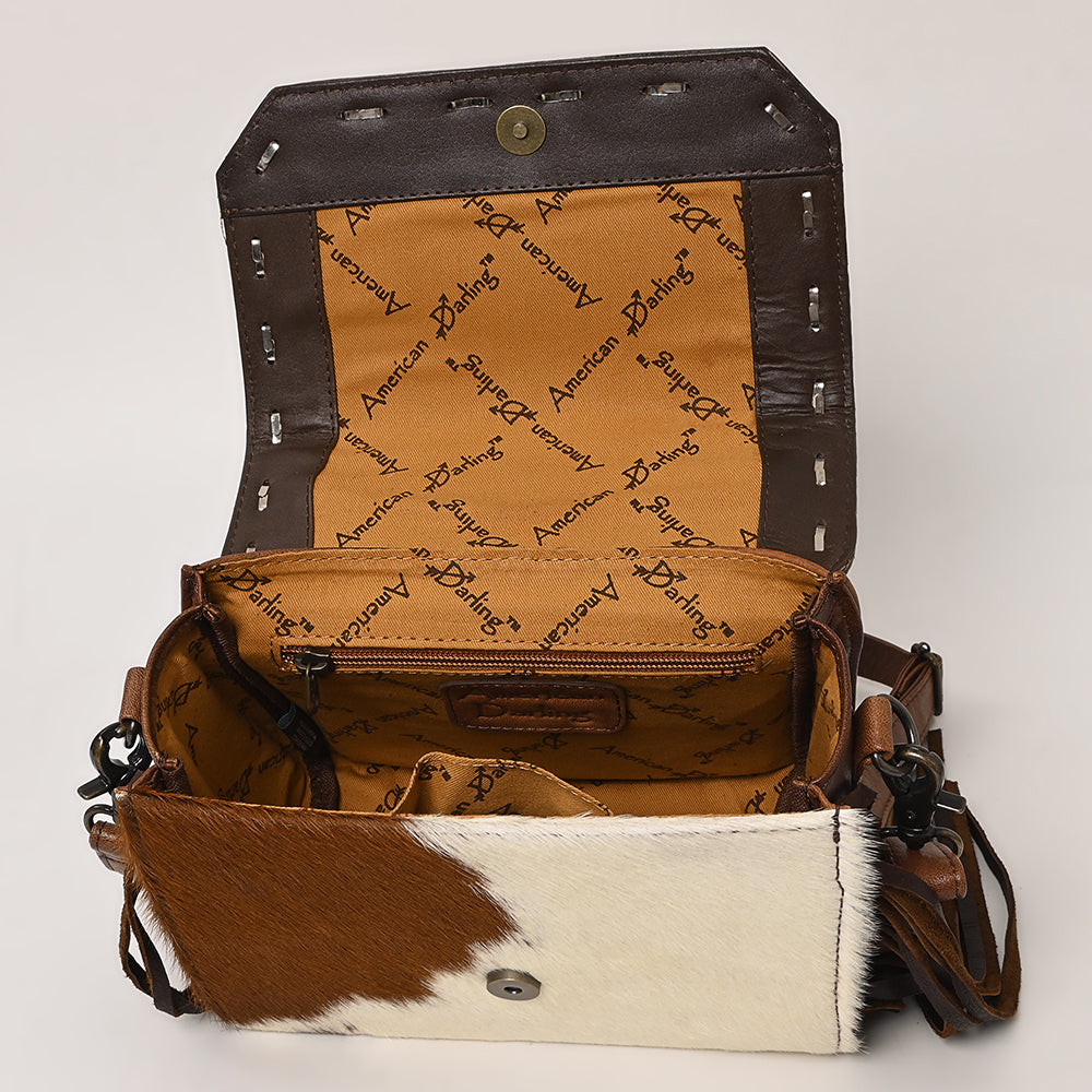 ADBG1388 American Darling Western Leather Small Crossbody Bag with Hair-On Cowhide and Tooled Flap