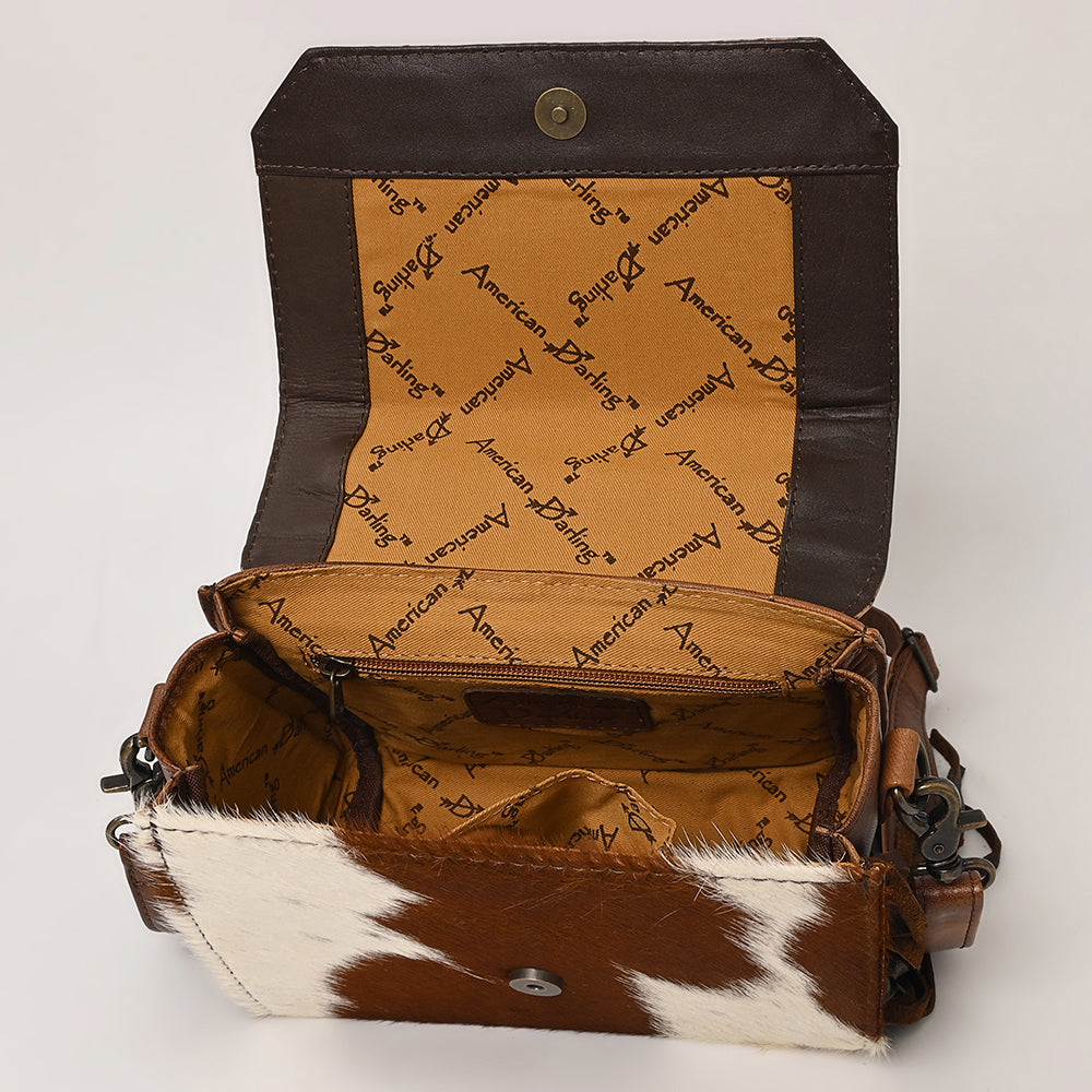 ADBG1388 American Darling Western Leather Small Crossbody Bag with Hair-On Cowhide & Embossed Concho Detail