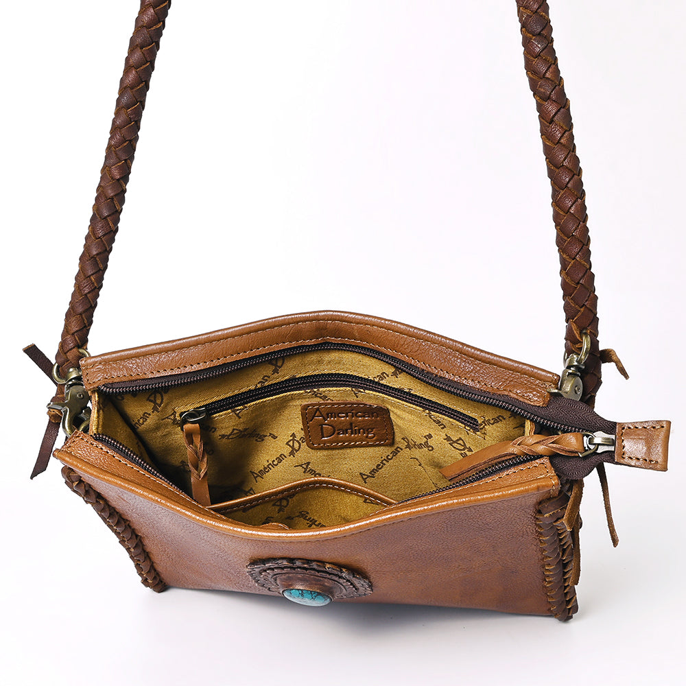 ADBGM335 Leather Crossbody Bag with Turquoise Concho & Braided Strap - Handmade Western Purse