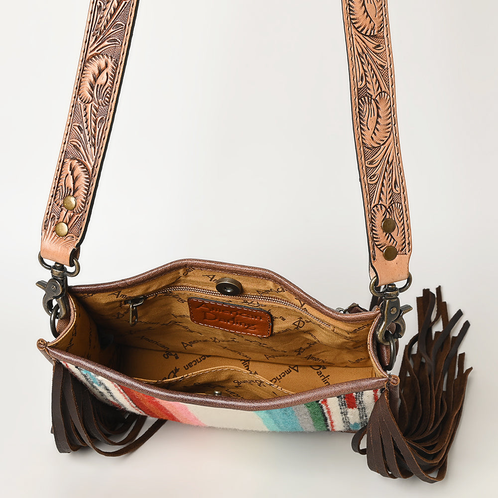 ADBG324 Southwestern Wool Saddle Blanket Messenger Bag with Tooled Leather Strap & Fringe