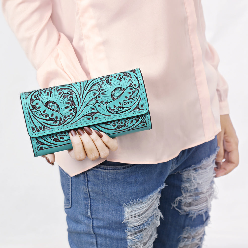 ADBGZ788 Hand-Tooled Leather Long Wallet - Western Floral Design