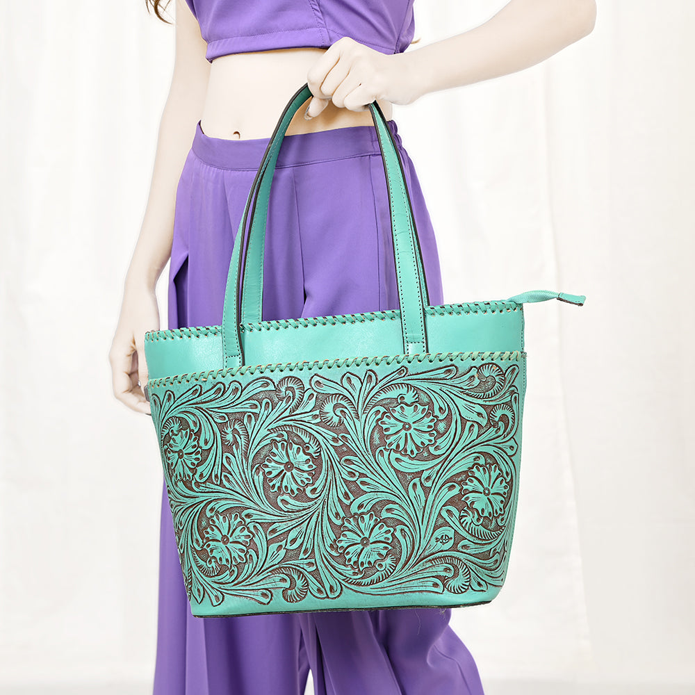ADBGZ789 Hand-Tooled Leather Tote Bag - Western Floral Design