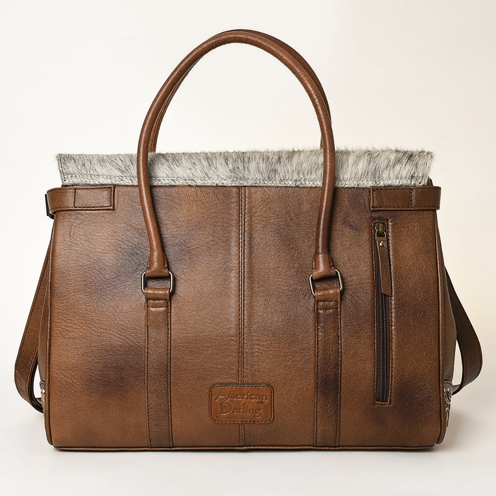 ADBG1397 American Darling Western Leather Briefcase Bag with Hand-Tooled Floral & Hair-On Cowhide