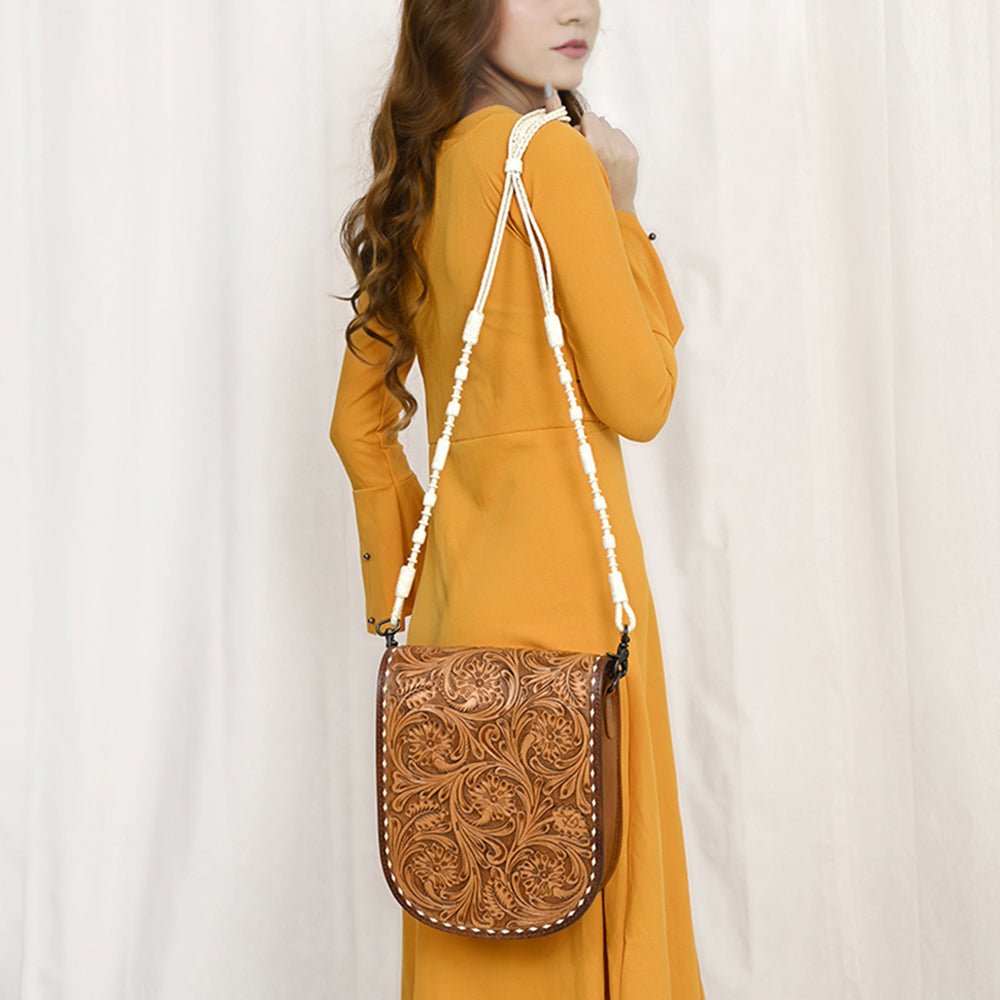 ADBG1418 American Darling Hand-Tooled Western Leather Small Crossbody Bag - Genuine Floral Carved Purse