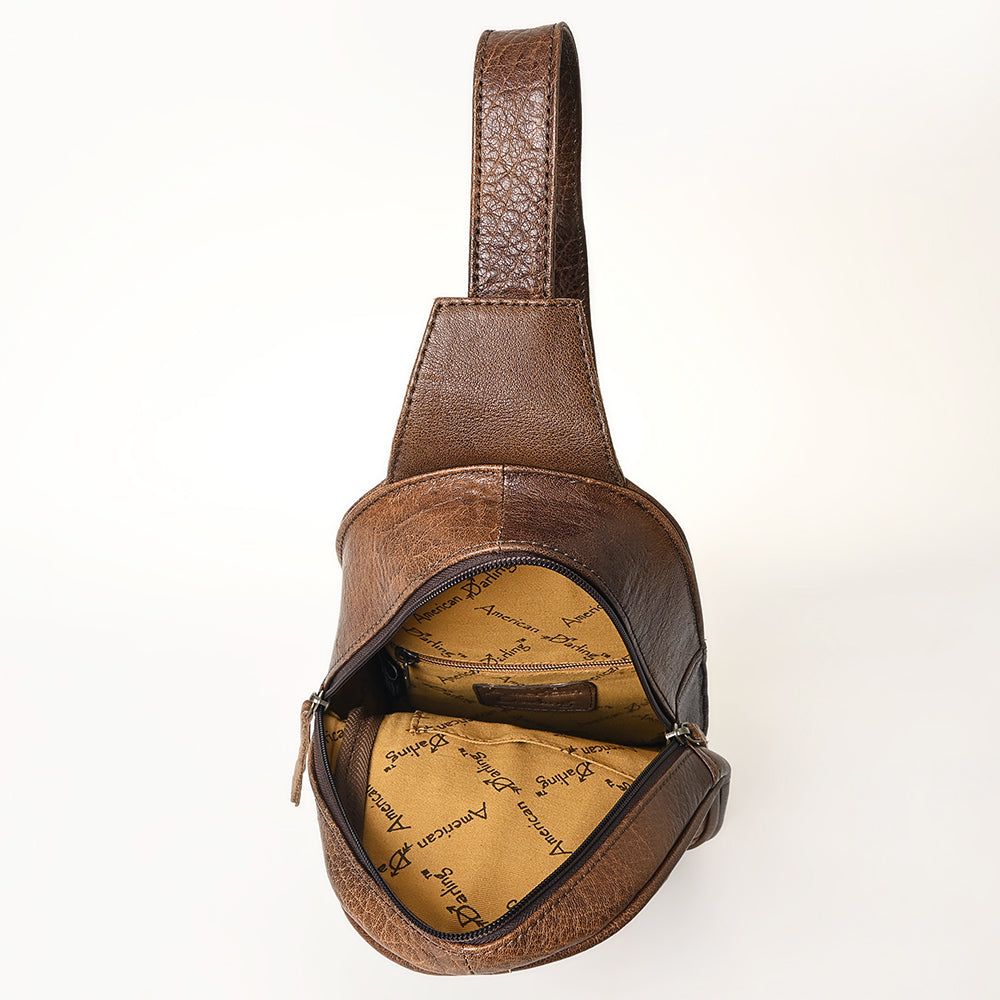 ADBG1425 American Darling Hand-Tooled Western Leather Sling Bag - Genuine Leather Floral Carved Crossbody