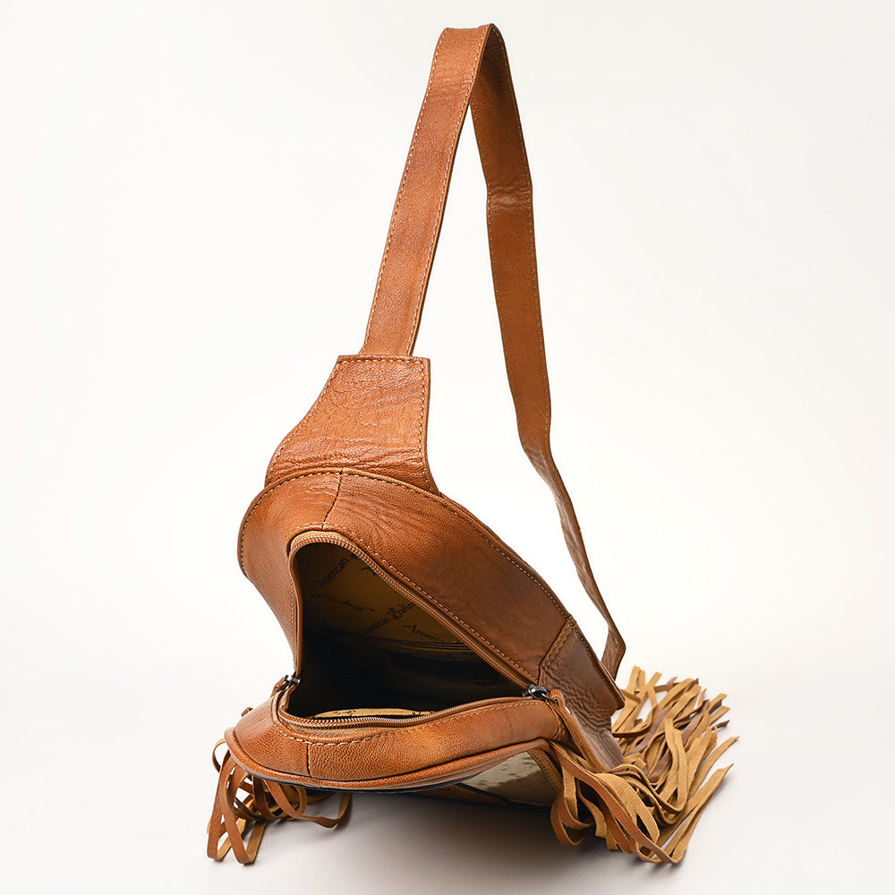 ADBG1425F American Darling Western Leather Sling Bag with Hand-Tooled Detailing & Hair-On Cowhide Fringe - Crossbody